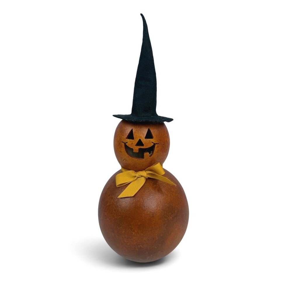 Meadowbrooke Gourds Pumpkin Witch 14" Brown Hat Jack-O-Lantern Carved NO Lights